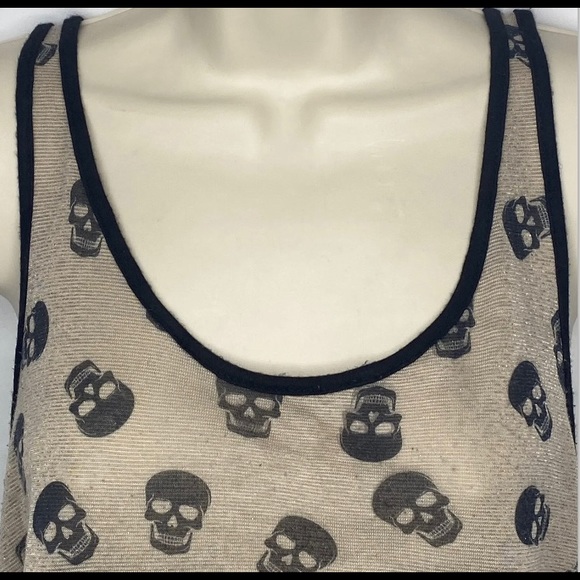 Blush Juniors Skull Graphics Tank Top M Tan Black Sheer Back Knit Sleeveless - Picture 2 of 10